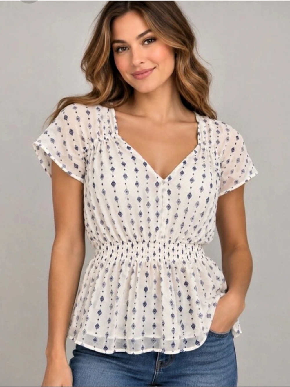 Women's Old Navy Empire Waist Geometric Blouse - White & Blue- Size S (Like New)